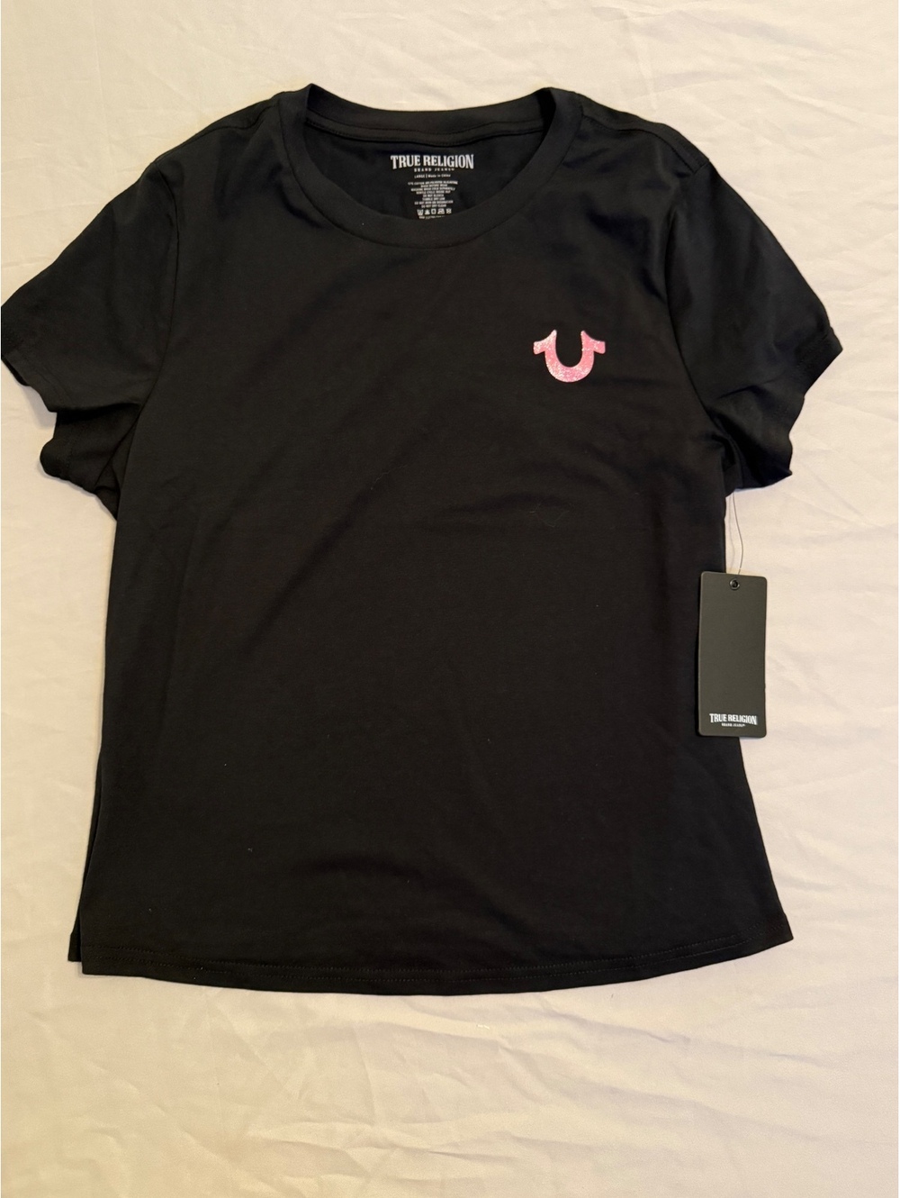 True Religion Women's Buddha Star Crew Neck T-Shirt, Large, Jet Black with Pink/